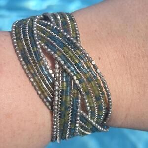 Green Blue Seed Bead Wire Cuff Bracelet
